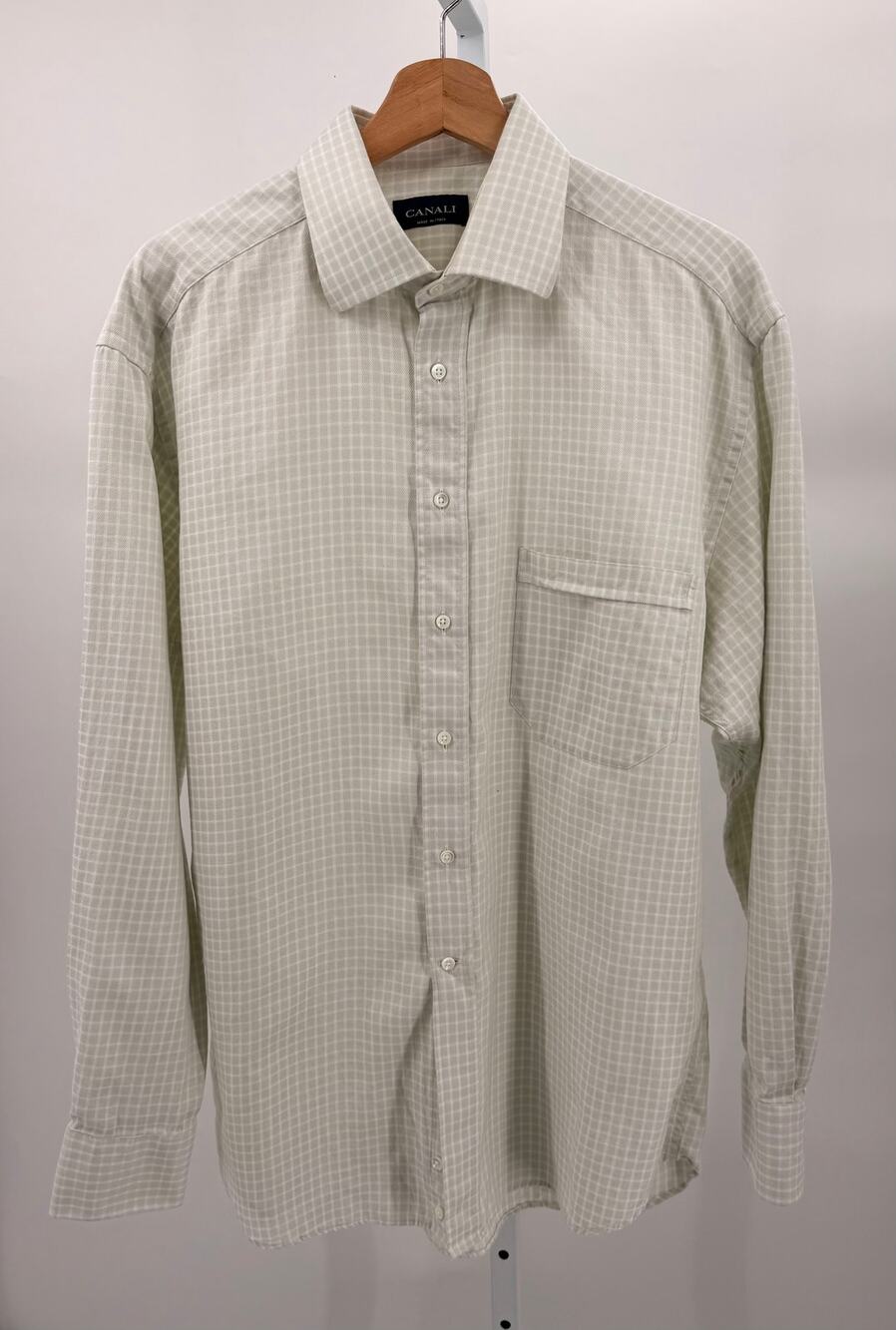 Canali Mens Dress Shirt 42 16.5 Made Italy Cotton Light Green Check Long Sleeve